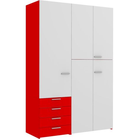 L.150 H.225,8 - Armadio ad ante battenti con ripiani e cassetti - Perfetto per organizzare i tuoi vestiti - Bianco e Rosso (1/5)