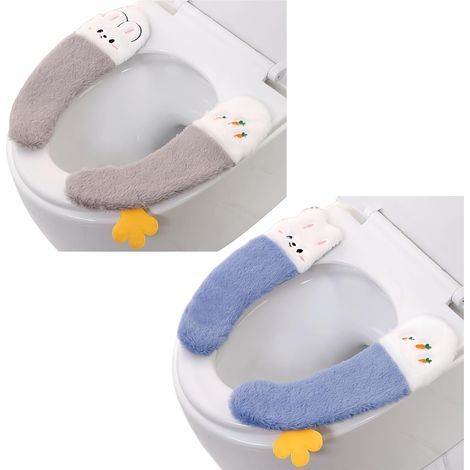 Set aus 2 Paar (36 x 10 cm) dicken, selbstklebenden WC-Sitzbezügen in Grau/Blau, aus weichem, niedlichem Plüsch, waschbar für den Winter (1/4)