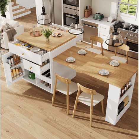 Îlot de cuisine extensible 122,5–195,5 cm, MDF et métal, blanc/noir, 60 kg, REDOM