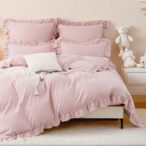 Parure de lit à volants 155 x 220 cm pour fille - En microfibre douce - Housse de couette avec fermeture éclair - Rose doux - Avec taie d'oreiller de 80 x 80 cm (1/5)