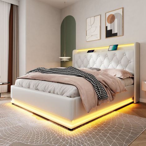 Polsterbett einzelbett, 360-Surround-LED-Funktion, Drucktaste/App/Fernbedienung, Material Hydraulisches Lagerbett, gepolstertes Kopfteil mit USB Typ-C Ladefunktion (Ohne Matratze)