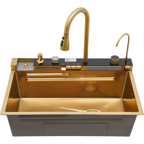 Fregadero de cocina, acero inoxidable, flujo de agua multimodo, dorado (1/2)