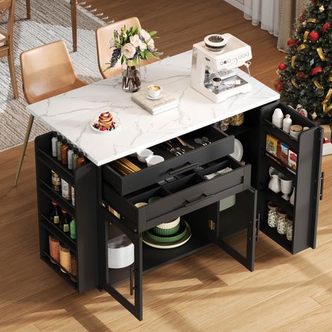 Mobile Kücheninsel mit klappbarer MDF- und Hartglasplatte 120 x 70 x 88,4 cm OKWISH (1/5)