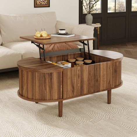 Mesa de centro elevable (100x48x53.5 cm), con almacenaje, estilo vintage, MDF color nogal (1/5)