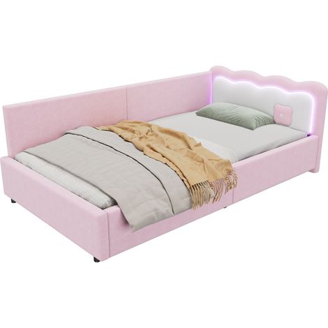Lit banquette 90 x 200 cm rose avec LED d’ambiance, sommier à lattes et structure MDF, revêtement velours, matelas non inclus CHICFURN (1/5)