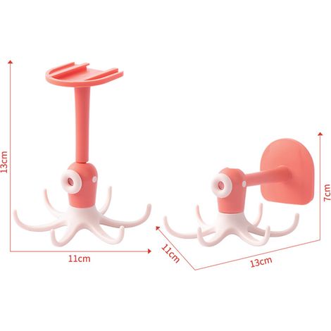 Crochet de cuisine rotatif à 360°, support mural à six griffes, sans perçage, fixation invisible pour armoire, crochet adhésif pour salle de bain (rose) (1/5)