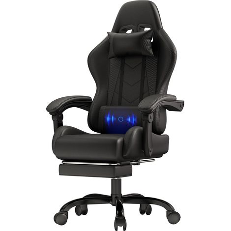 Chaise Gaming avec Coussin de Massage, Fauteuil Gaming Ergonomique avec Coussin Lombaire Massant, Chaise Bureau Gaming avec Dossier Réglable de 90 à 150° et Repose-Pieds, 150 kg, Noir (1/5)