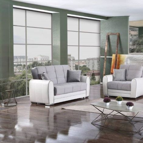 Dmora - Sofá cama Dlobuon, Sofá cama rinconera contenedor en ecopiel y tela, Sofá de salón con apertura click-clac y península reversible, 163x84h91 cm, Blanco y Gris (1/5)