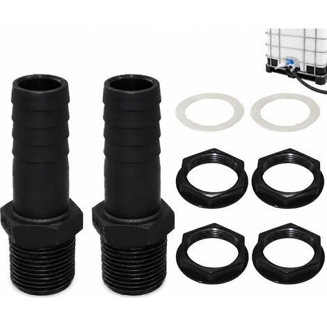 Connecteurs pour tuyaux raccord 1" fileté mâle, lot de 2 passe-cloisons réservoir avec embout tuyau 25 mm, kit étanchéité pour tonneau pluie, cuve et jardin (1/3)