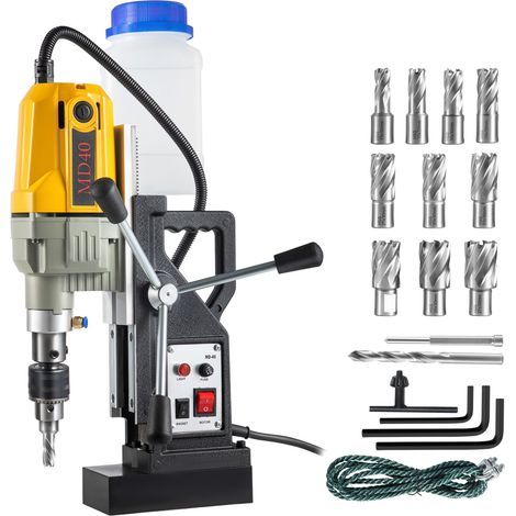 Perceuse magnétique portative 1100W, diamètre de perçage 4 cm, force 12000N/2697lbf, 12 forets inclus, vitesse 580 tr/min, pour surfaces variées et bricolage à domicile. (1/5)
