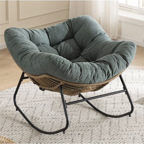Fauteuil à bascule en chenille vert, structure en métal, 95 x 107 x 83 cm, OKWISH (1/5)