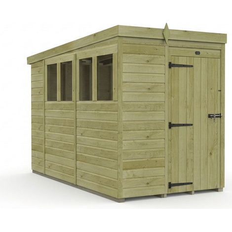 5ft x 10ft Pent Garden Shed Single Door With Windows - Pressure Treated Timber - L152 x W305 x H210 cm - Natural