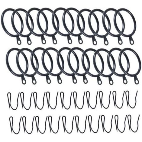 Lot de 20 anneaux de rideaux avec 38 mm de diamètre intérieur et crochets, anneaux durables pour tringles de fenêtre, Noir (1/5)