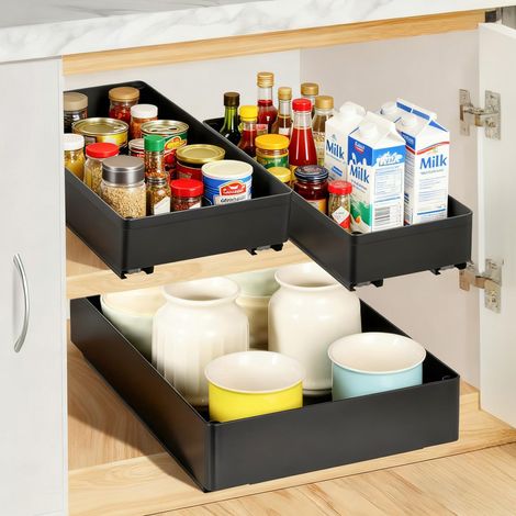 Organisateur de Tiroir Coulissant Cuisine avec Glissières Silencieuses – 3 Tailles (13/18/27x40x7 cm), Installation Rapide Sans Perçage pour Rangement Placard/Cuisine, Noir (1/5)