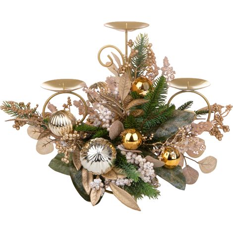 Porta candele in metallo e plastica x3 oro con palline per decorazioni natalizie (1/3)