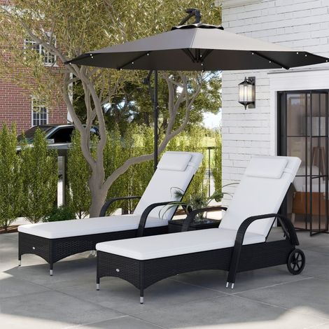 Chaise longue et transat de jardin + table basse – Ensemble mobilier 3 pièces en polyrotin & métal, noir, blanc, crème (1/4)