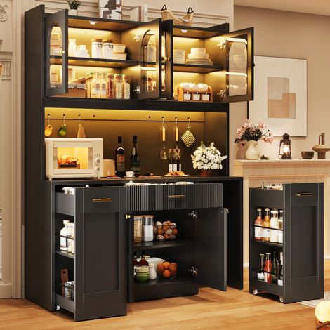 Meuble de cuisine haut 120x40x187 cm en MDF noir, avec rangement, LED RGB pour cuisine, FloraGrace (1/5)