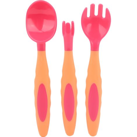 Ensemble de 3 couverts portables pour enfants (cuillère et fourchette) antidérapants, idéal pour les voyages et l'apprentissage de la table. Rouge. (1/5)