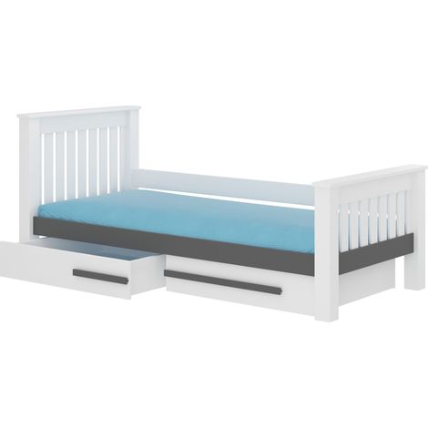 Lit enfant bois pin blanc et gris graphite 90x200 avec 2 tiroirs de rangement Rallye (1/4)