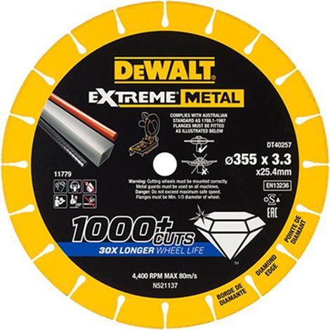 DEWALT DT40257-QZ DT40257-QZ-Disco de Corte con Borde diamantado Extreme Metal 355x3.3x25.4 mm, Amarillo/Negro
