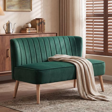 Canapé 2 places style rétro, pieds en bois, 117 cm x 56,5 cm x 77 cm, vert foncé (1/5)