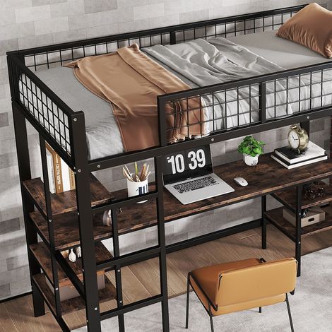 Lit mezzanine 90x200 cm lit simple avec table, étagère et échelle à quatre marches, en fer, noir + bois foncé (1/5)