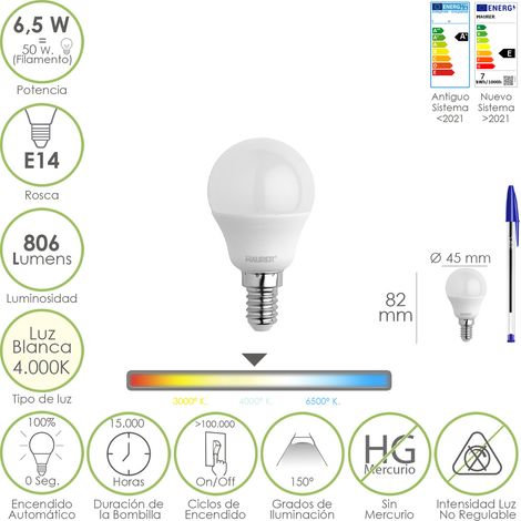 Bombilla Led Esfera Rosca E14. 6.5 Watt. Equivale A 50 Watt. 806 Lumenes. Luz Neutra 4000º K.