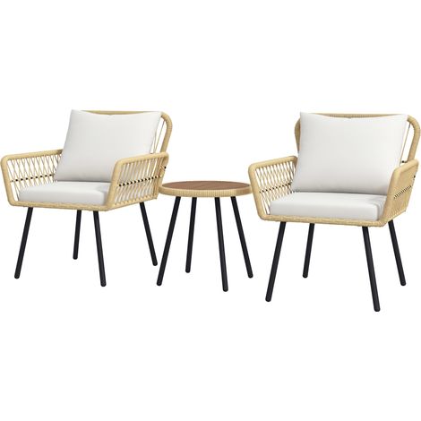 Conjunto de mesa y sillas de ratán PE de 3 piezas con 2 sillas, 1 mesa de centro redonda y cojines para patio o balcón. (1/5)