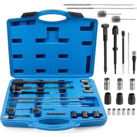 Lot de 21 pièces de nettoyage pour injecteur, siège d'injecteur, fraises avec têtes de fraisage en carbure de tungstène, brosses et accessoires, outil de nettoyage pour injecteurs, bleu (1/5)