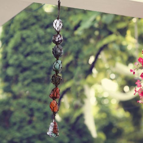 Pendentif en pierres naturelles aux 7 couleurs, orné de cristaux de guérison des chakras. Décoration à suspendre pour voiture ou maison. (1/5)
