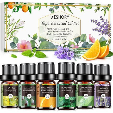 Kit Huiles Essentielles 6 X 10ML, Huiles Essentielles Aromathérapie Naturelle pour Diffuseurs, Massage, Yoga - Lavande, Orange Douce, Menthe Poivrée, Arbre à Thé, Citronnelle, Eucalyptus (1/5)