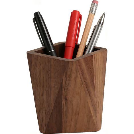 Pot à Crayon en Bois Massif, Organisateur de Bureau Bois Design Géométrique, Porte Crayon Bureau Élégant, Pot à Pinceaux Maquillage, Décoration Bureau de Travail Naturelle (1/5)