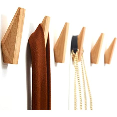 Crochets muraux en bois, lot de 6. Crochets rustiques en bois assemblés. Patères robustes. Porte-chapeaux Pour suspendre les serviettes de bain. Cintre. Porte-manteau. (Bois d'hévéa) (1/5)