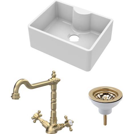 Fireclay Kitchen Bundle - Single Bowl Butler Sink with Tap Ledge, Waste & Classic Tap, 595mm - Brushed Brass - Balterley