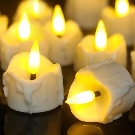 Bougies chauffe-plat LED avec minuterie, lot de 12, lumière LED électronique, flamme vacillante 3D, longue durée de combustion, avec fonction minuterie, adaptées (1/4)