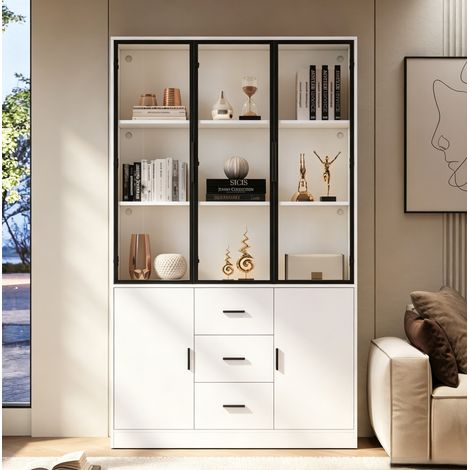 Vitrine 120x30x200 cm avec LED RGB Bluetooth, 5 portes, 3 tiroirs, 13 compartiments, panneau de particules blanc (1/5)