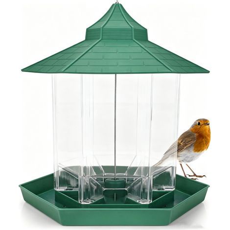 Mangeoire à oiseaux à suspendre - Vert - En plastique - Pour jardin, balcon, terrasse - Lanterne d'alimentation pour mésanges, moineaux (1/5)