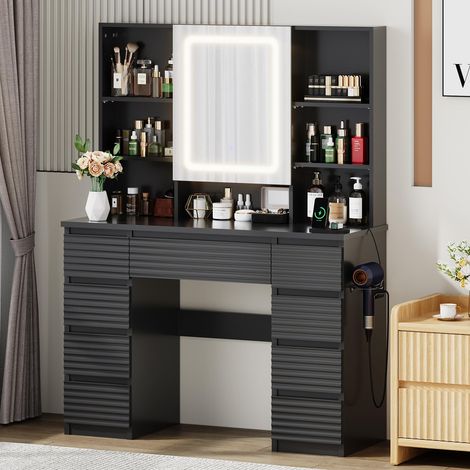 Coiffeuse Blanche Moderne avec Miroir LED 3 Modes d’Éclairage, 7 Tiroirs de Rangement, Support Caché pour Colliers, Ports USB/Type-C et Étagères Réglables (1/5)