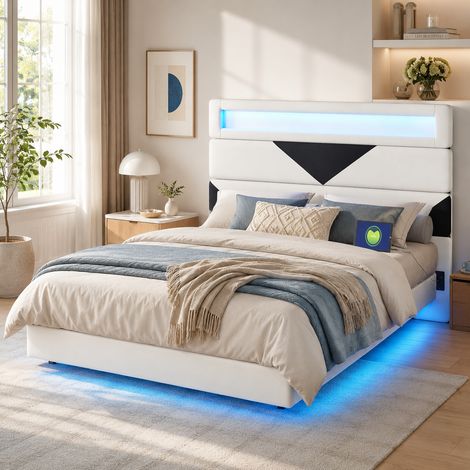 Lit 140x190 cm design flottant avec led, prise port usb, cadre de lit double avec tête de lit rembourrée réglable, velours, sans matelas, beige (1/5)