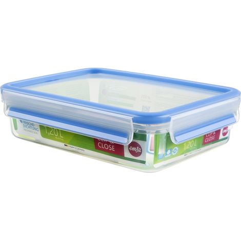 Emsa 508542 Contenitore per alimenti rettangolare con coperchio, 1,2 litri, trasparente / blu, Clip & Chiudi (1/5)