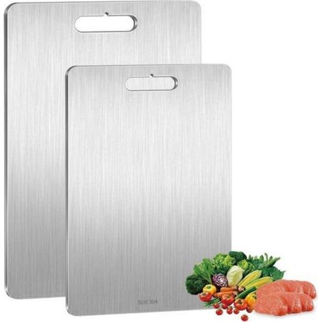 Planche à découper en deux parties - Acier inoxydable - Double face - 34 x 23 cm + 25 x 15 cm - Planche à découper en métal - Convient pour la découpe de viande, de légumes et de fruits (1/5)