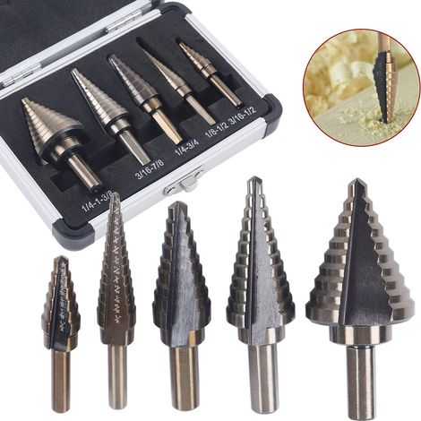 Stufenbohrer 5 tlg Kegelbohrer HSS Spiralnut Stufenbohrer Set Step Drill Bits Set Hochgeschwindigkeitsstahl Titanbeschichtet Spiralnut Stufenbohrer Set Bohrer für Edelstahl, Metall, Holz, Kunststoff