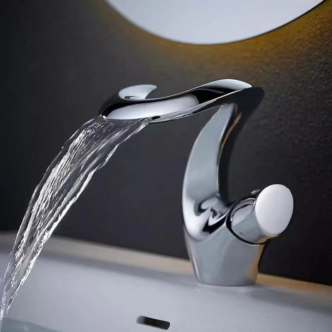 Robinet de Lavabo en Cuivre Massif Style Cascade, Mitigeur Eau Froide et Chaude, Argenté, Salle de Bain (1/5)