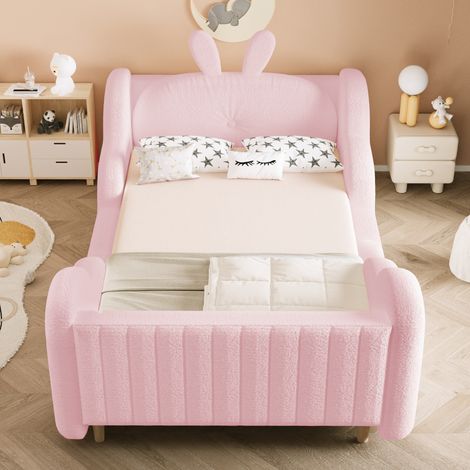 Lit enfant simple - Coussins lapin - 90x200 cm - côtés forme nuage - Tissu teddy, Teddy - Rose (1/5)