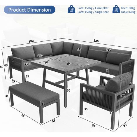 ELVMI Gartenlounge mit 3 Zweisitzer-Sofas, 1 Sessel, 1 Bank und 1 Couchtisch, Eisen, Grau (1/4)