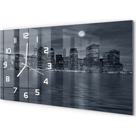 Grande Horloge Murale 60x30 cm Design Panoramique Verre Silencieux pour Salon New York la nuit (1/5)