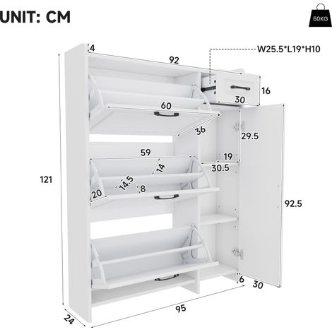 Meuble à chaussures moderne avec étagères réglables, poignée noire, un tiroir, trois compartiments rabattables et une porte, blanc, dimensions : L92/P24/H121 cm. (1/4)