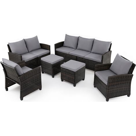 Salon de Jardin Extérieur 6 Pièces en Rotin avec Canapé 3 Places, Canapé 2 Places, 2 Fauteuils, 2 Poufs Polyvalents, Coussins Amovibles (1/5)