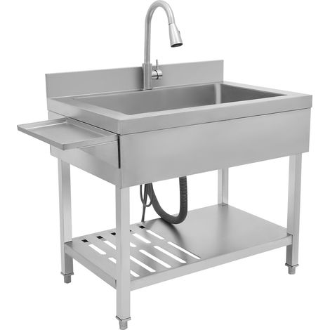89,92 × 56,9 × 93,98 cm Évier de cuisine à cuve unique, évier en acier inoxydable, évier de cuisine avec robinet extractible, adapté aux salles de bains, buanderies et salles à manger. (1/5)