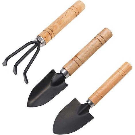 Râteau à trois dents pointu noir, manche en bois, mini-ensemble de trois pièces, style bêche à terre charnue 1 (1/5)